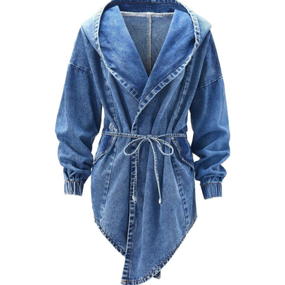 Belted Closure Elastic Band Cuff Denim Hooded Jackets, Elastic Belt Non Button Denim Coats, Women's Denim Jackets & Coats, Women's Clothing