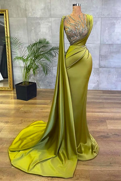 New Prom Party Gown Formal Evening Dresses Girls Pageant Satin Plus Size Custom Ball Gown Mermaid Trumpet O-Neck Illusion Sleeveless Sequined Pleat