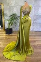 New Prom Party Gown Formal Evening Dresses Girls Pageant Satin Plus Size Custom Ball Gown Mermaid Trumpet O-Neck Illusion Sleeveless Sequined Pleat