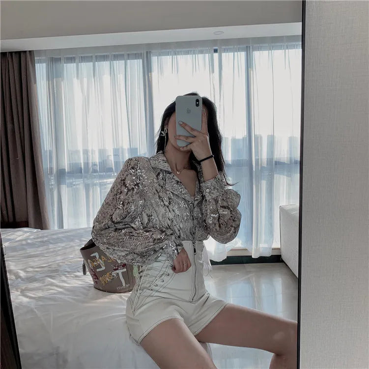 Women's Blouses Shirts Snake Print Sequined Blouse Glitter Ladies Top Long Sleeve Button Down Shirt For Women Autumn Blouse Korean Fashion Shorts Suits 220923