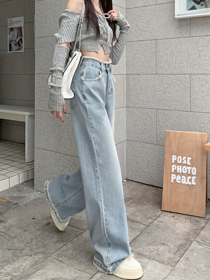 xieyinshe  Raw Hem High Rise Wide Leg Jeans, Slash Pocket Loose Fit Washed Blue Denim Pants, Women's Denim Jeans & Clothing