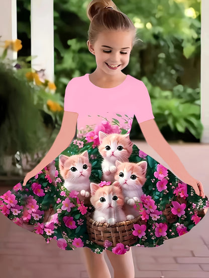 3D Cat Print Girls Dress - Short Sleeve Casual Crew Neck - Adorable Summer Fashion with Fun Prints - Comfortable & Lightweight, Perfect Gift for Little Fashionistas