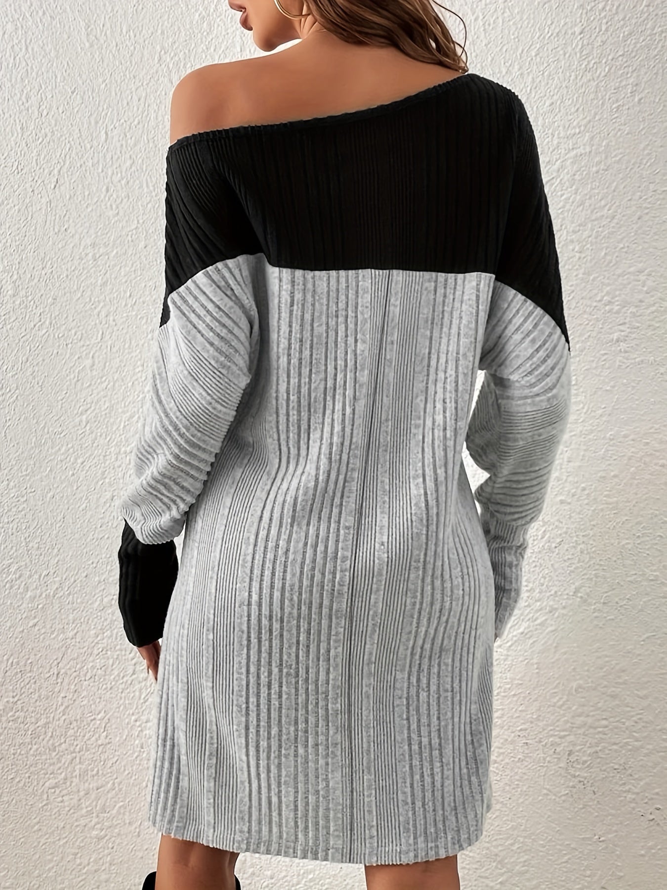 Color Block Slanted Shoulder Dress, Casual Long Sleeve Above Knee Dress, Women's Clothing