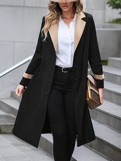 xieyinshe  Button Front Contrast Trim Trench Coat, Casual Long Sleeve Trench Coat, Women's Clothing