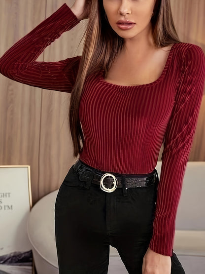 xieyinshe  Solid Ribbed Velvet T-Shirt, Elegant Long Sleeve Top For Spring & Fall, Women's Clothing
