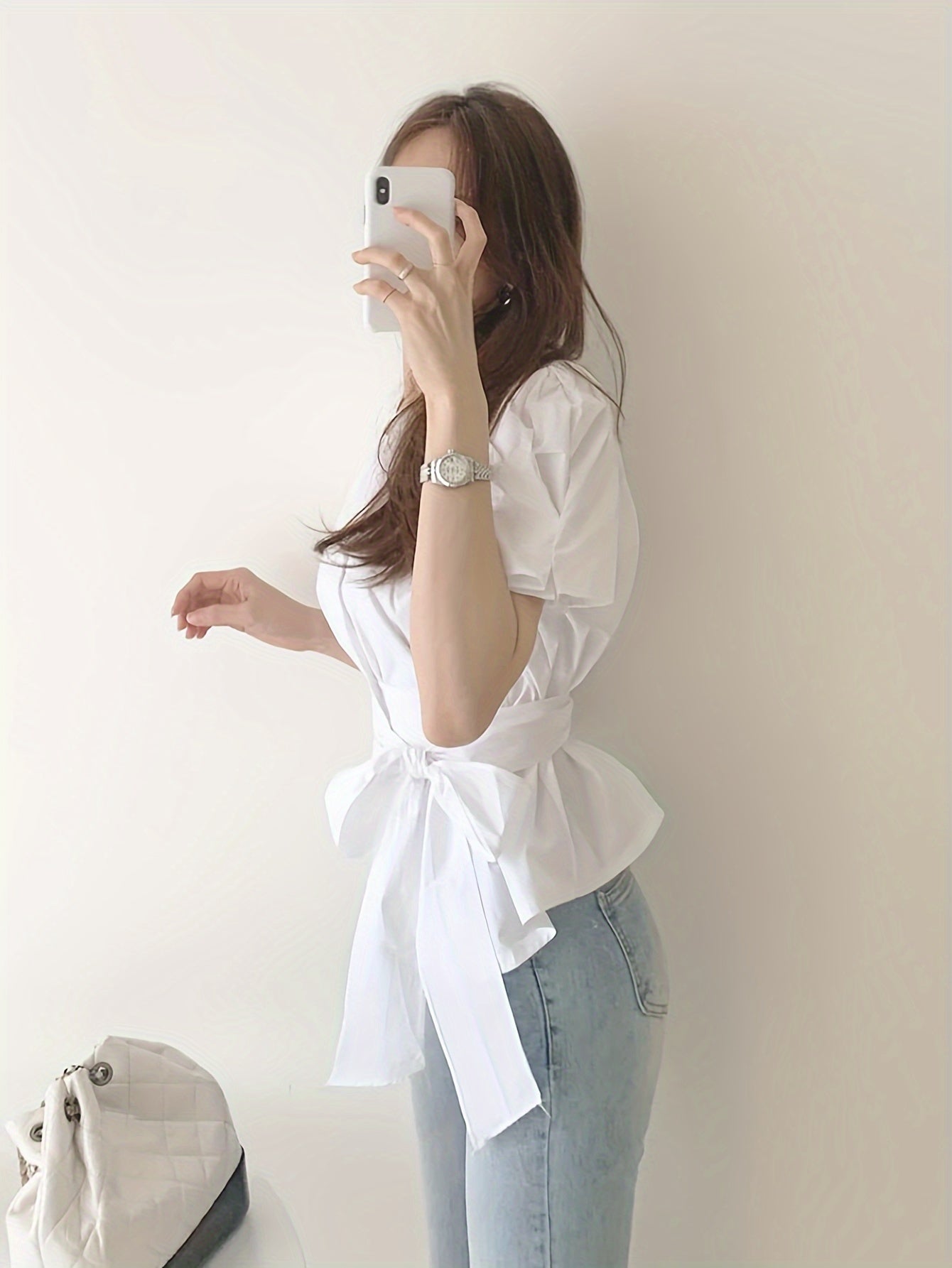 xieyinshe  Solid Single Button Tie Waist Blouse, Elegant Short Sleeve Blouse For Spring & Summer, Women's Clothing