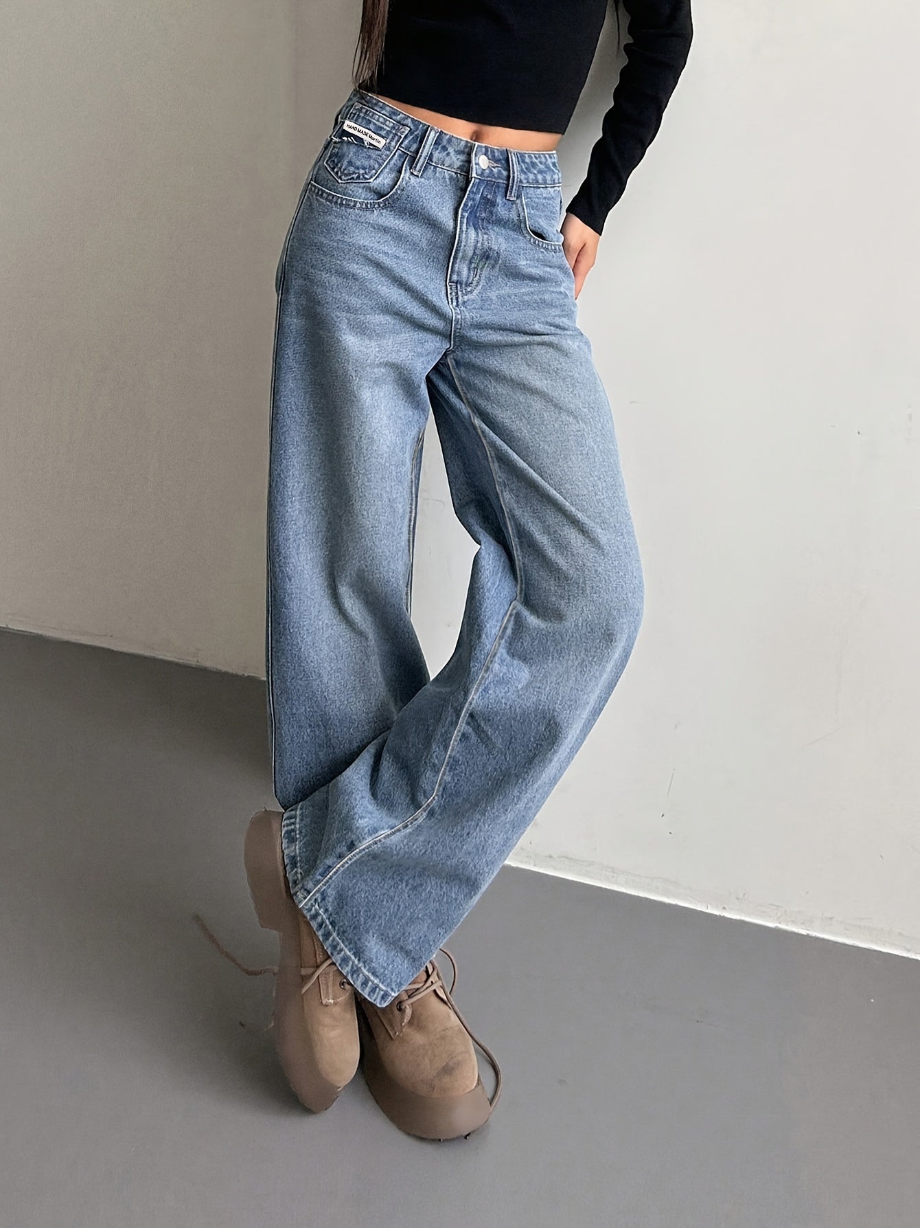 xieyinshe  Loose Fit Washed Straight Jeans, Slant Pockets Non-Stretch Casual Denim Pants, Women's Denim Jeans & Clothing