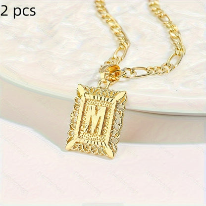 2 pcs Personalized Initial Letter Pendant Necklace - 18K Gold Plated Square Capital Monogram in Figaro Chain - Fashionable Alloy Necklace for Men and Women with A-Z Alphabet Options