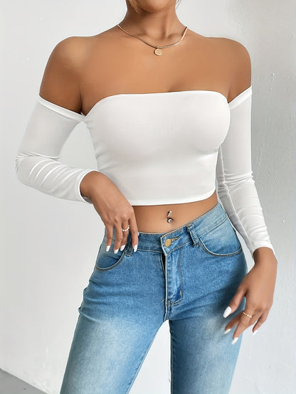 xieyinshe  Off Shoulder Crop T-Shirt, Casual Long Sleeve Top For Spring & Fall, Women's Clothing