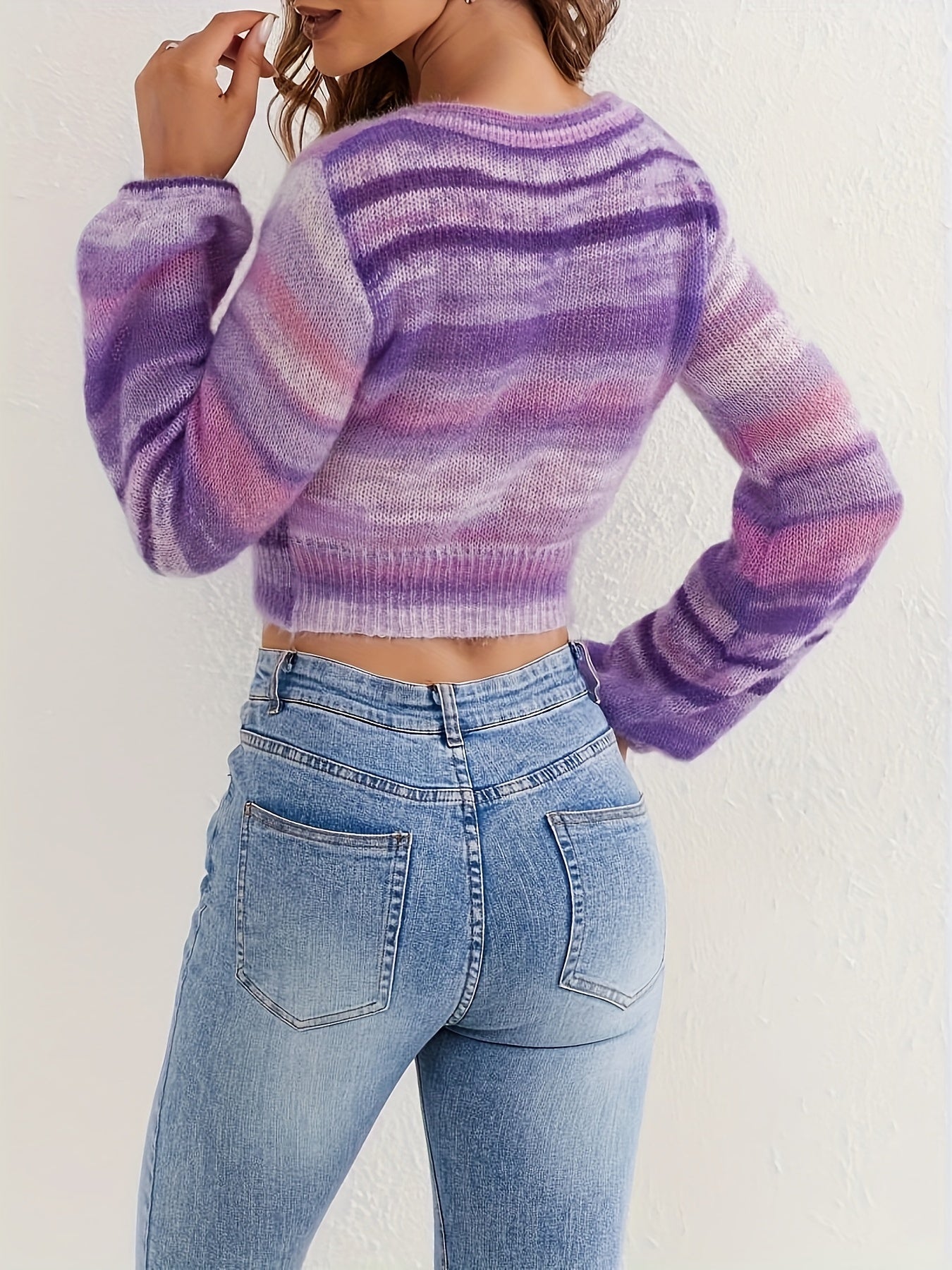 xieyinshe  Striped Print Crew Neck Cropped Sweater, Casual Long Sleeve Sweater For Fall & Winter, Women's Clothing