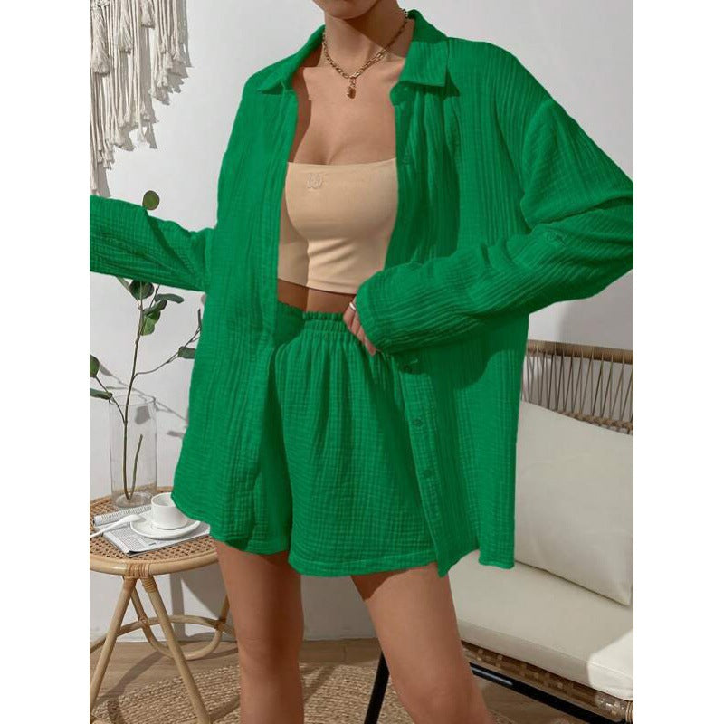 XIWYINSHE Cross-Border  European and American Women's Clothing Spring/Summer Fashion Solid Color Long Sleeve Shirt Outfit Women's Casual Loose Shorts Two-Piece Set