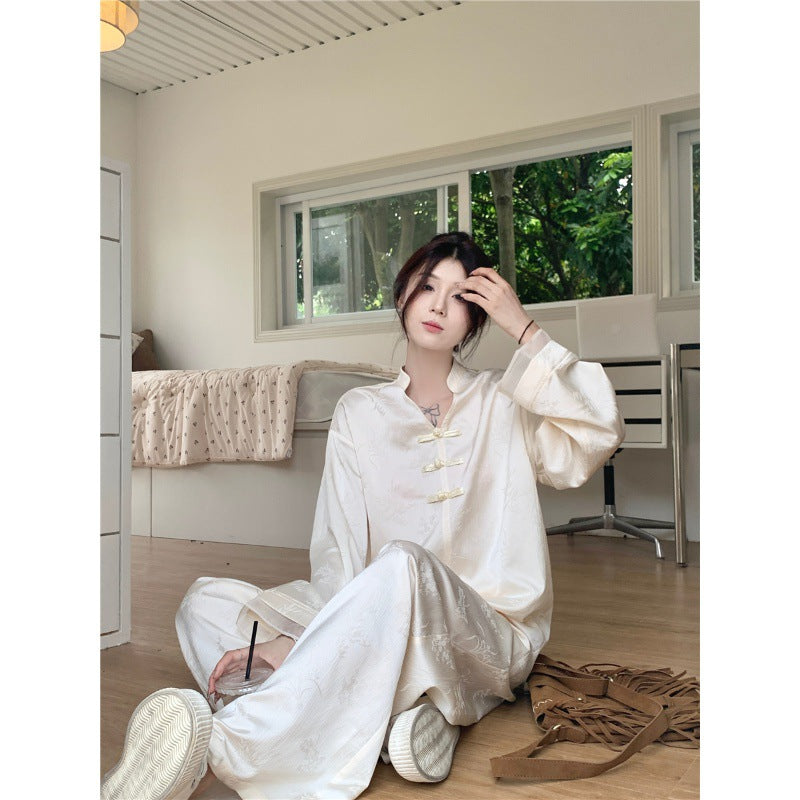 XIWYINSHE Cross-Border New Chinese Style Chinese Style Suit Mid-Length Chinese Knot Button Shirt Women's Summer Jacquard Wide-Leg Pants Two-Piece Suit