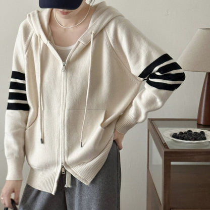 XIEYINSHE Striped hooded long-sleeved sweater cardigan Korean version loose zipper sweater jacket temperament casual outer wear knitted sweater women