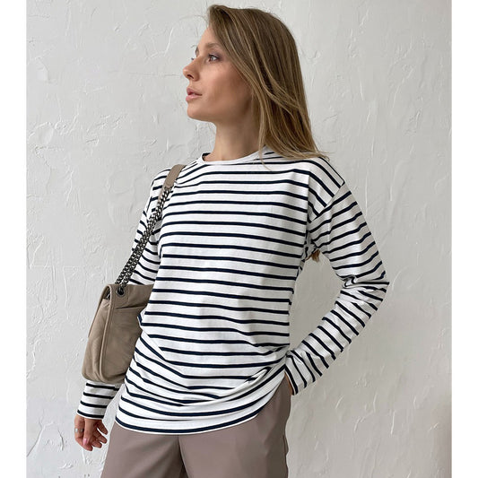 XIEYINSHE Cross-border, long-sleeved striped T-shirt, 2025 New spring fashion trend versatile casual round neck pure cotton striped T-shirt