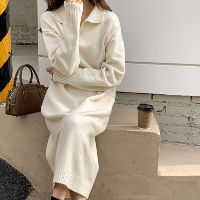 XIEYINSHE 2025Polo collar bottoming skirt autumn and winter with coat long over knee lazy wind loose thick sweater knitted dress women