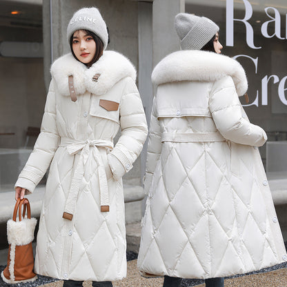 European and American white fur collar down cotton clothes women's winter 2023 new thin fashion medium and long knee waist coat coat