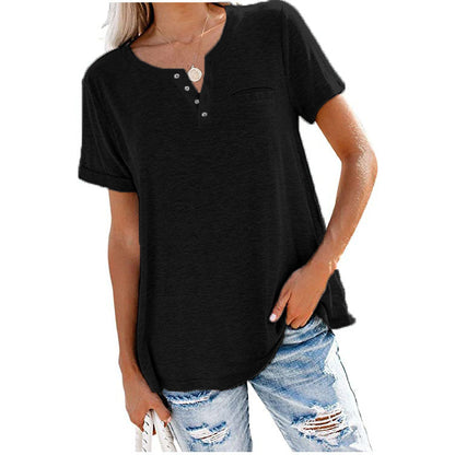 XIEYINSHE  Independent Station Foreign Trade  Cross Border New Spring and Summer Tops V-neck Short Sleeve Pocket Loose T-shirt for Women