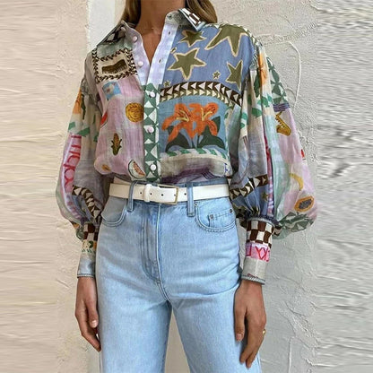 XIWYINSHE Cross-Border  European and American Women's Clothing Summer New Elegant Lapel Long Sleeve Printed Painted Casual Loose Shirt