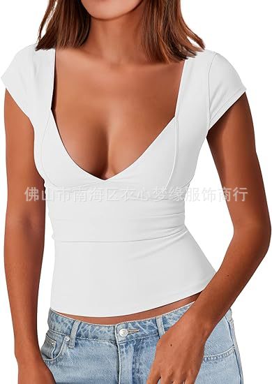 XIEYINSHE  Cross-Border Fashion Queen Women's Sexy Deep V-neck Backless Top Short Sleeve Slim Fit T-shirt Basic