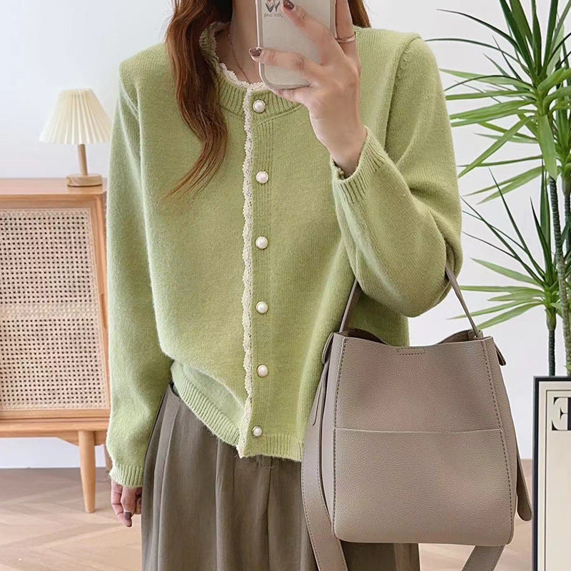 XIEYINSHE Autumn and winter crew neck casual knitted jacket versatile pearl buckle fresh and sweet college style sweater cardigan top women