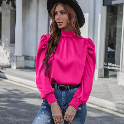 XIWYINSHE Cross Border New Commuter Silky Satin Solid Color Pleating round Neck Loose Long Sleeve Top Blouse