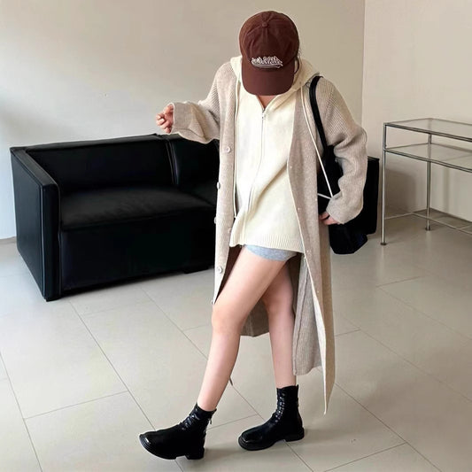 XIEYINSHE 2025Autumn and winter women's hooded knitted cardigan coat set women's New new Korean version lazy wind thickened sweater jacket