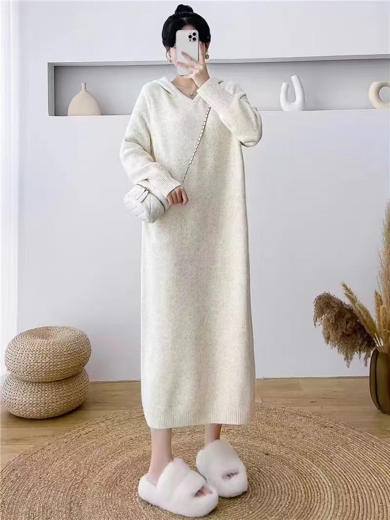 XIEYINSHE 2025Lazy hooded knitted dress women's popular autumn and winter new loose and thin outer with medium and long sweater women's coat