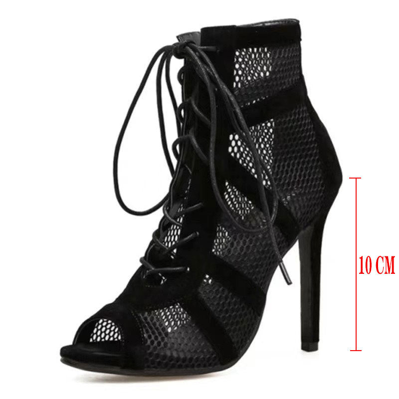 Cross-Border European and American New Black Mesh Suede Fashion Cross Bandage Sexy Women's High Heel plus Size Shoes