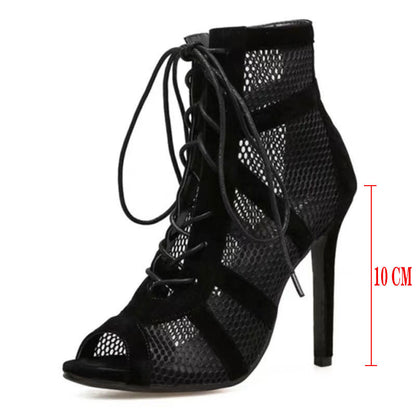 Cross-Border European and American New Black Mesh Suede Fashion Cross Bandage Sexy Women's High Heel plus Size Shoes