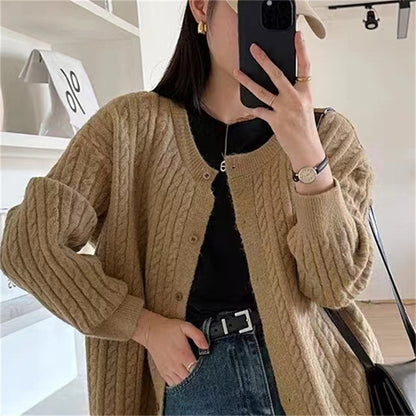 XIEYINSHE Simple wind crew neck sweater jacket women's autumn casual loose retro loose twist lazy wind knitted sweater top