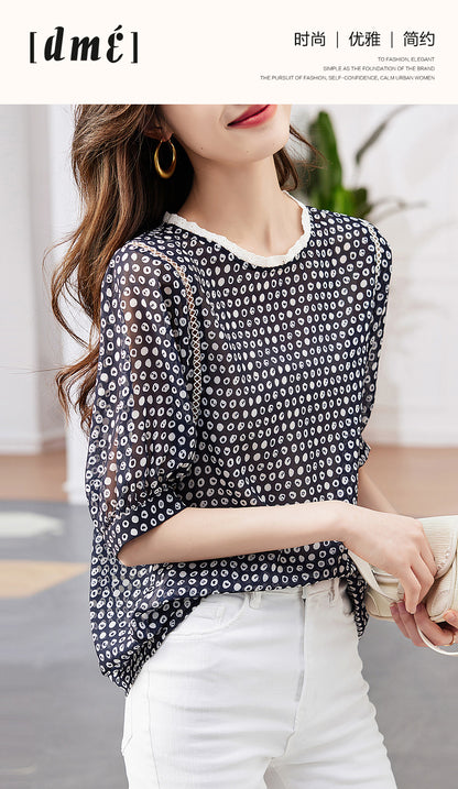 XIWYINSHE Dotted Prints Short-Sleeved Shirt for Women  Summer New Lace Patchwork round Neck Graceful and Fashionable Top