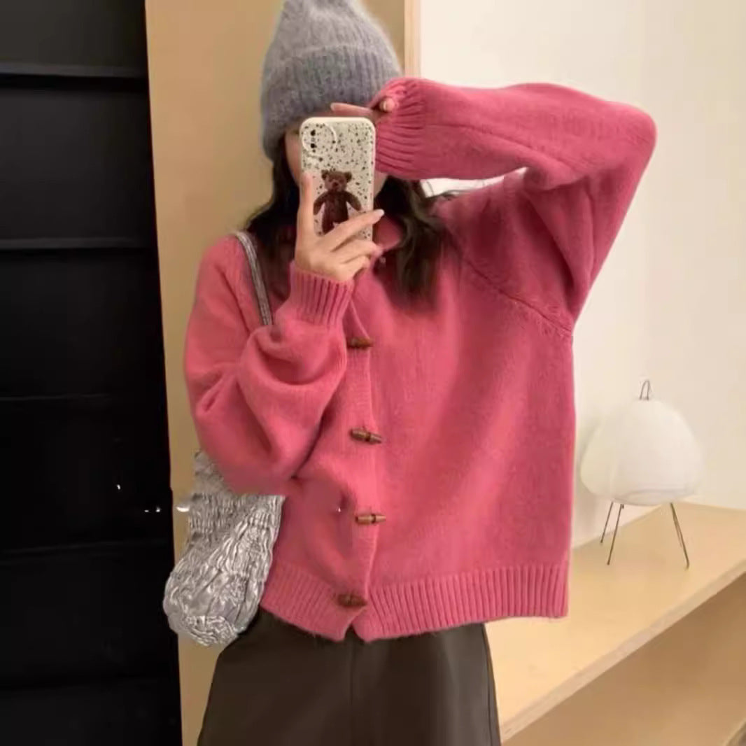 XIEYINSHE Spot autumn and winter hooded knitted sweater top solid color women's version lazy style solid color loose casual sweater cardigan jacket