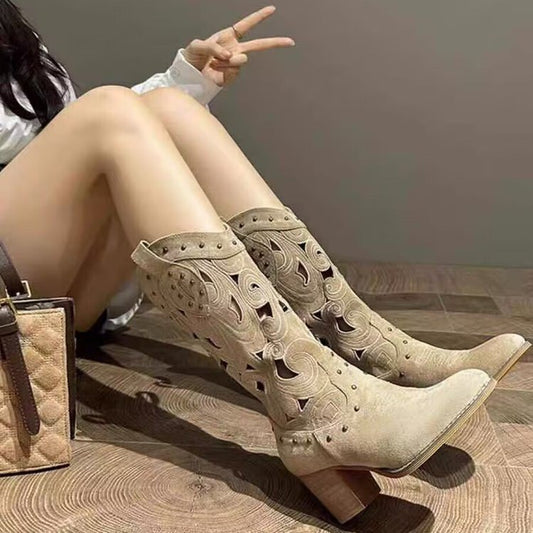 Hollow Booties Women's Rivet Retro Ethnic Style Factory in Stock Thick Bottom Middle Tube Motorcycle Boots Chunky Heel All-Matching Knee-High Boots