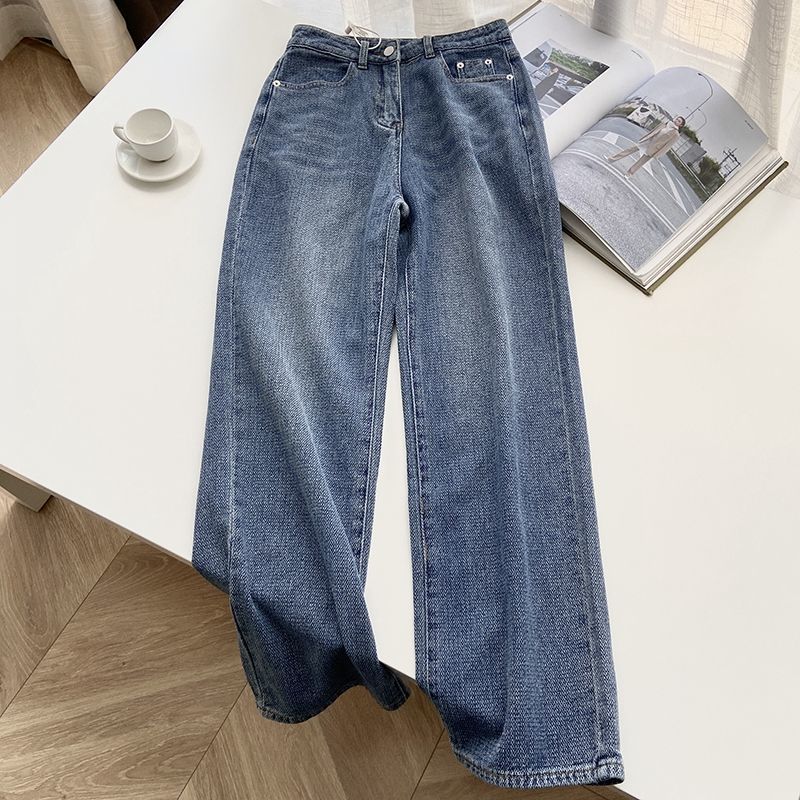 American Retro Blue Straight Jeans Women's Spring and Autumn Design Sense Niche High Waist Loose Wide Legs Mop Pants