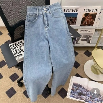 American Retro Blue Straight Jeans Women's Spring and Autumn Design Sense Niche High Waist Loose Wide Legs Mop Pants