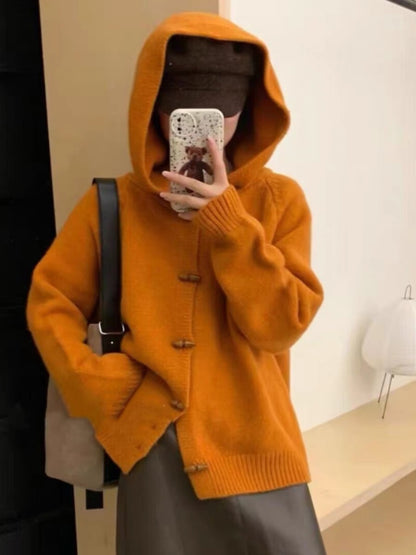 XIEYINSHE Spot autumn and winter hooded knitted sweater top solid color women's version lazy style solid color loose casual sweater cardigan jacket