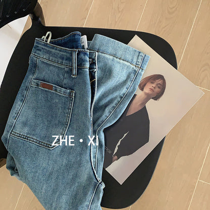 Zhe Yi High Waist Jeans for Women Spring and Summer New Washed Retro Pocket Stretchy Wide-Leg Jeans Trousers for Women K073