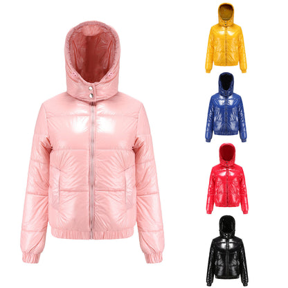 New cross-border autumn and winter hooded cotton-padded clothes 20D film-covered anti-splashing European and American fashion jackets long-sleeved glossy cotton-padded clothes for women