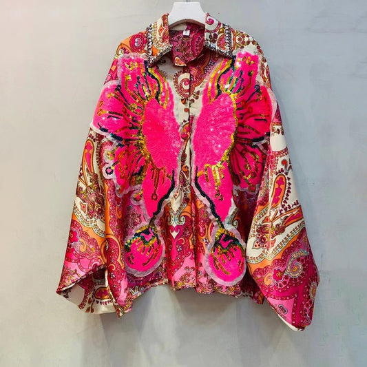 XIWYINSHE Thai Fashion Brand  Spring New Retro Printed Shirt Women's Clothing Beaded Sequins All-Matching Loose Shirt Outerwear