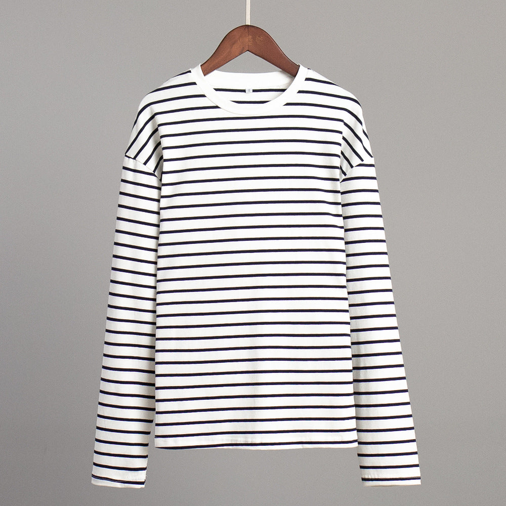 XIEYINSHE Cross-border, long-sleeved striped T-shirt, 2025 New spring fashion trend versatile casual round neck pure cotton striped T-shirt