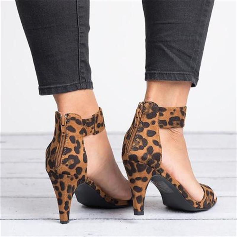 Foreign Trade plus Size Women's High Heels 2021 Summer New Leopard Color Ankle-Strap Stilettos Women's Shoes Size 43