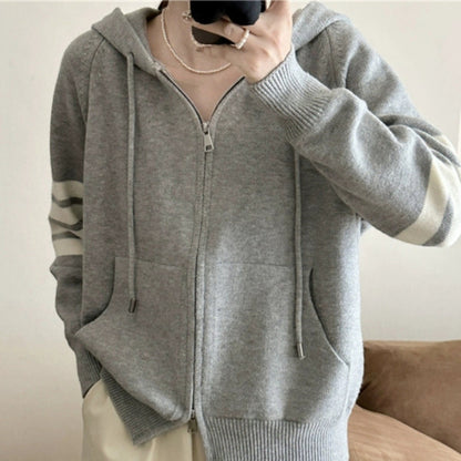 XIEYINSHE Striped hooded long-sleeved sweater cardigan Korean version loose zipper sweater jacket temperament casual outer wear knitted sweater women