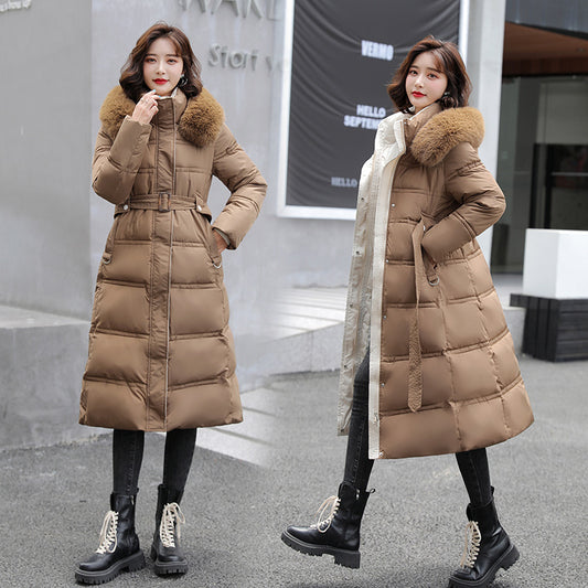 2023 winter new European and American down cotton clothes women's long over-knee big fur collar Korean version slim and thin belt cotton-padded clothes