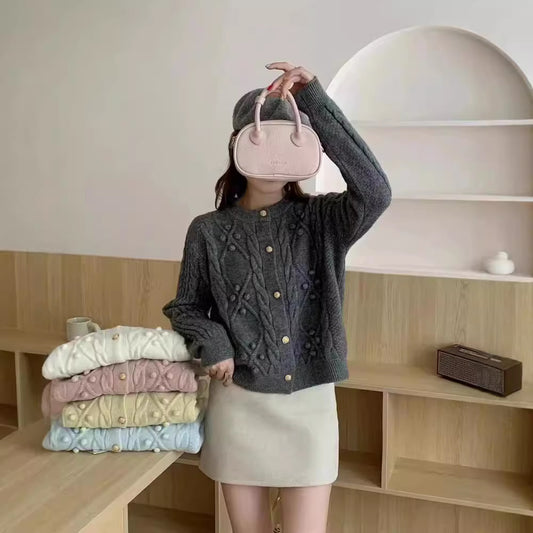 XIEYINSHE Korean three-dimensional ball twist cardigan sweater women's autumn and winter new sweet gentle wind knitted cardigan jacket top