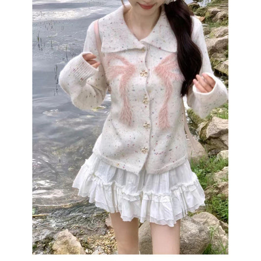 XIEYINSHE Sweet bow rainbow small polka dot knitted cardigan women's spring and autumn new large lapel short knitted coat top