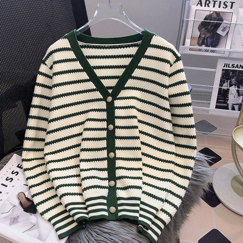 XIEYINSHE Sweater jacket knitted cardigan women's spring and autumn clothing thin outer with new popular black and white striped V-neck long-sleeved top