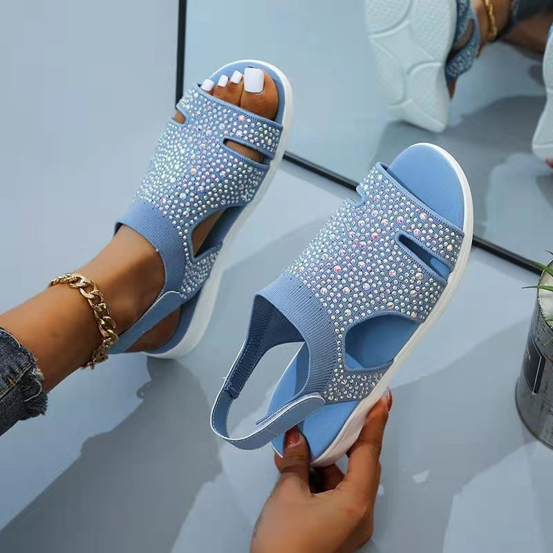 XIEYINSHE  Cross-Border Foreign Trade European and American Summer Women's Shoes Flying Woven Rhinestone Breathable Solid Color Rhinestone Beach Lightweight plus Size Women's Sandals