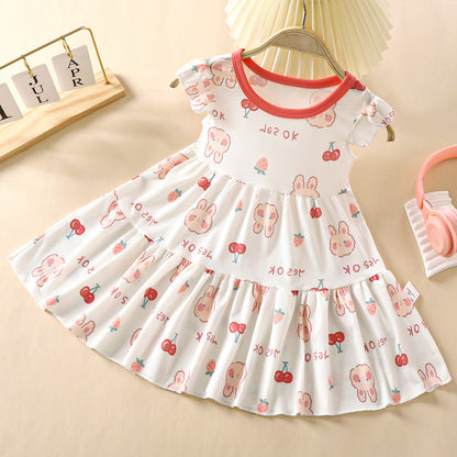 Summer New Children's Princess Dress Baby Girl Printed Cartoon Dress Baby Girl Fashionable Floral Ice Silk Skirt