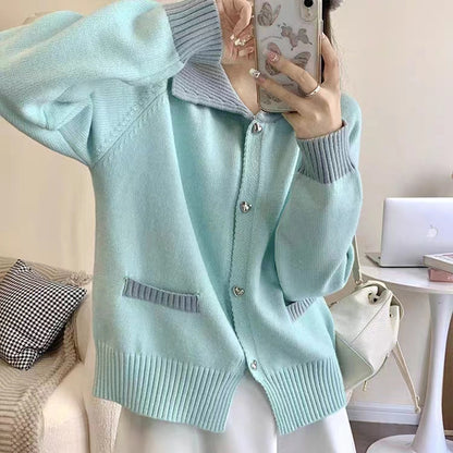 XIEYINSHE Autumn and winter new contrasting color lapel small fragrant knitted sweater jacket women's gentle wind versatile cardigan top women's trend