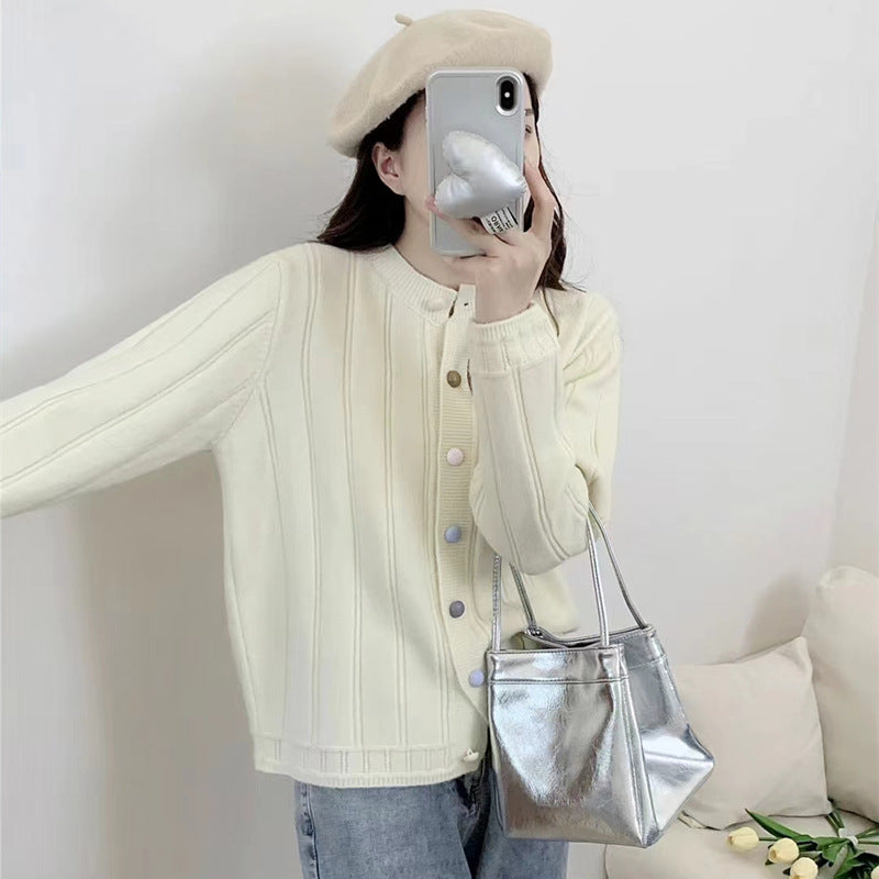 XIEYINSHE Autumn and winter solid color small fresh round neck color buckle cardigan New new simple versatile knitted sweater jacket top